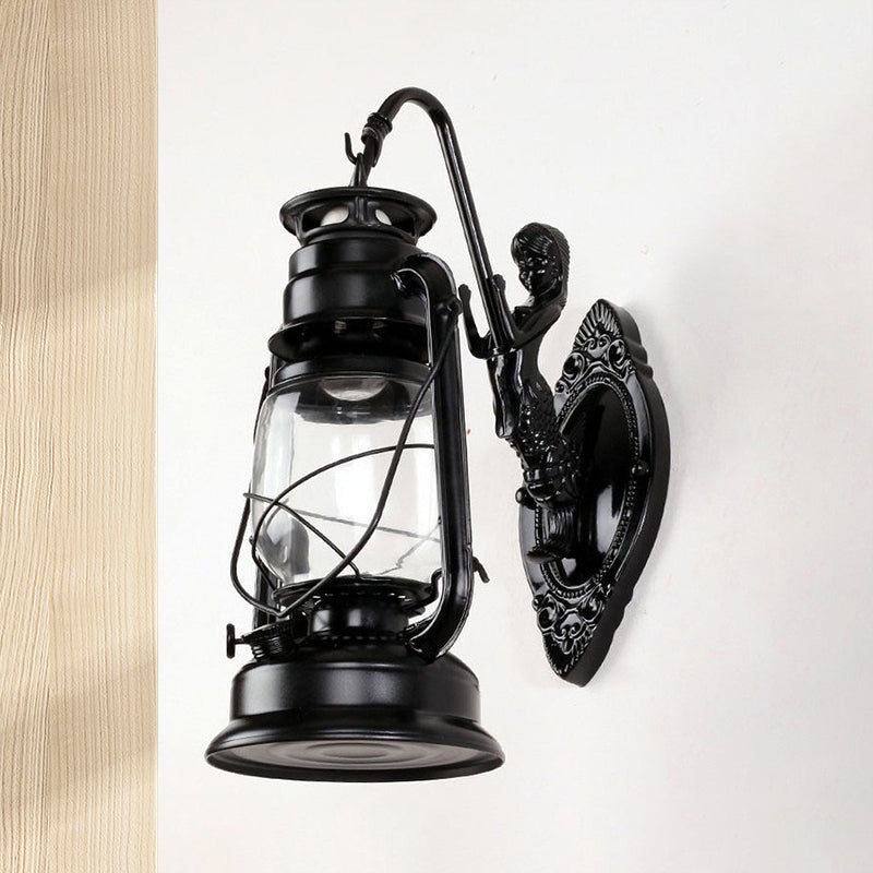 One Bulb Wall Lamp with Lantern Shade Clear Glass Coast Bedroom Wall Lamp in Black/Antique Brass/Aged Copper with Mermaid