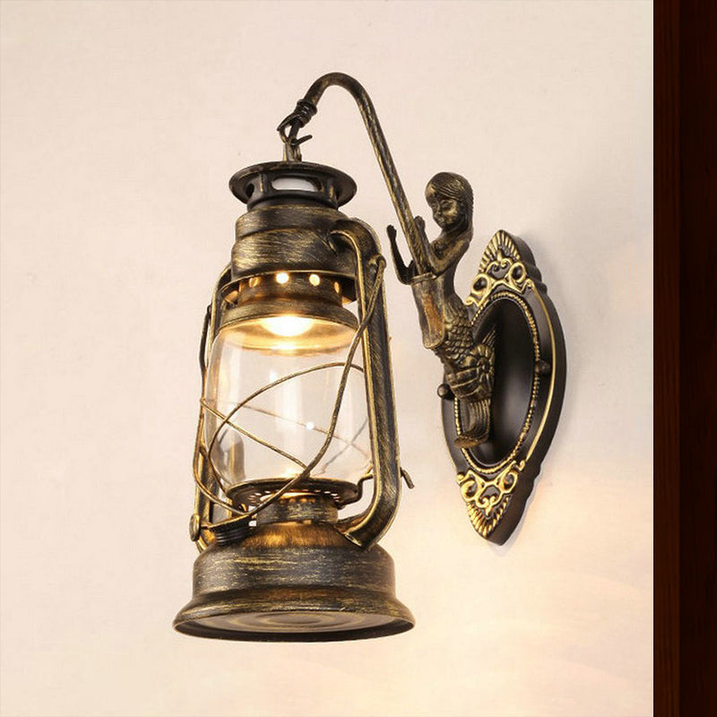 One Bulb Wall Lamp with Lantern Shade Clear Glass Coast Bedroom Wall Lamp in Black/Antique Brass/Aged Copper with Mermaid