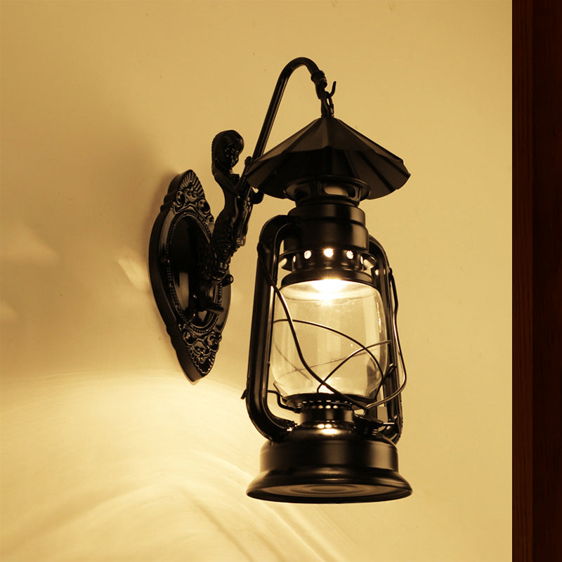 Kerosene Clear Glass Wall Lamp Coast Single Bulb Living Room Sconces Lamp in Black/Antique Brass