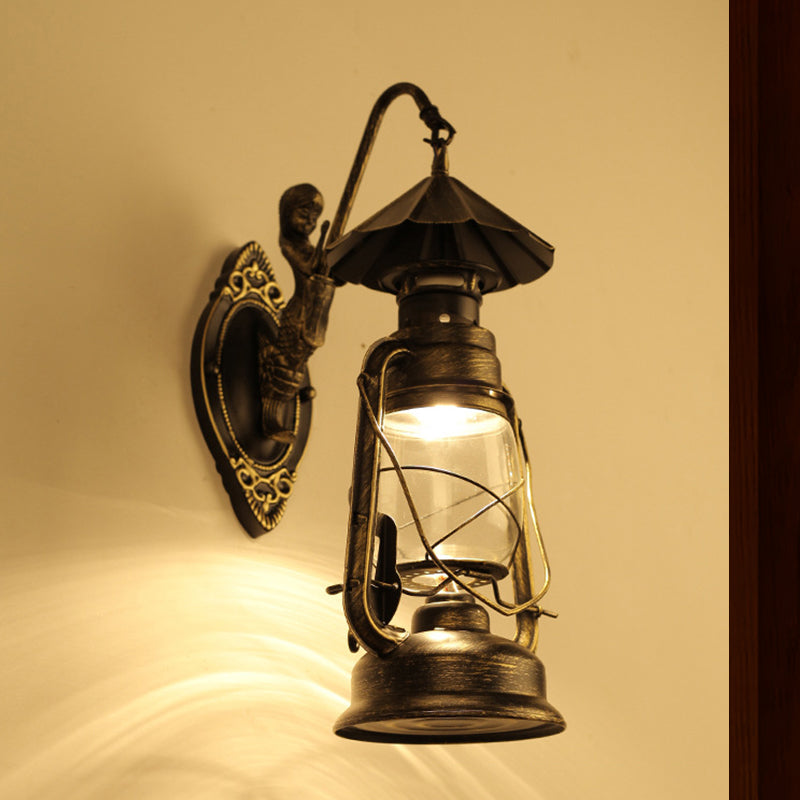 Kerosene Clear Glass Wall Lamp Coast Single Bulb Living Room Sconces Lamp in Black/Antique Brass
