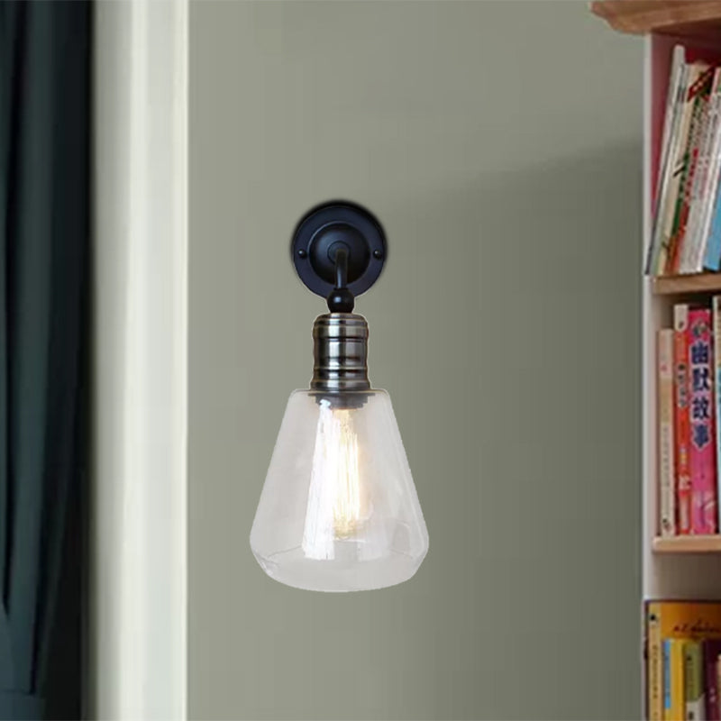 Rustic Style Tapered Shade Wall Lighting Fixture Single Gloss Clear Glass Wall Lamp in Black for Kitchen