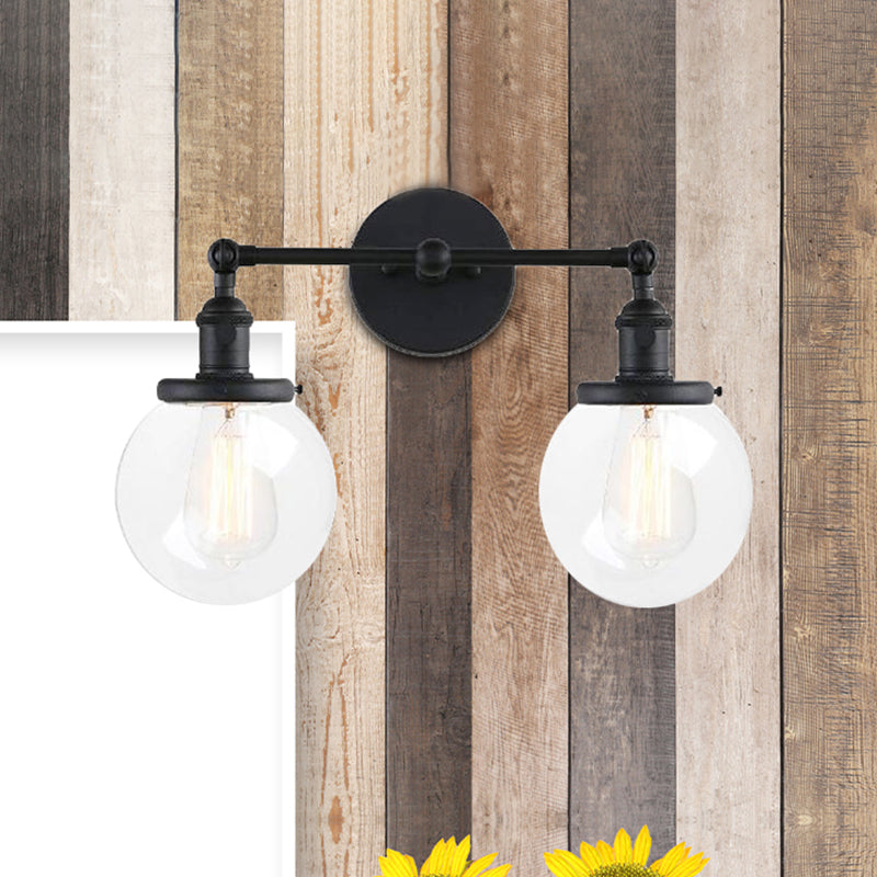 Round Living Room Wall Light Industrial Clear Glass 2-Lamp Black/Brass Wall Lamp for the Office