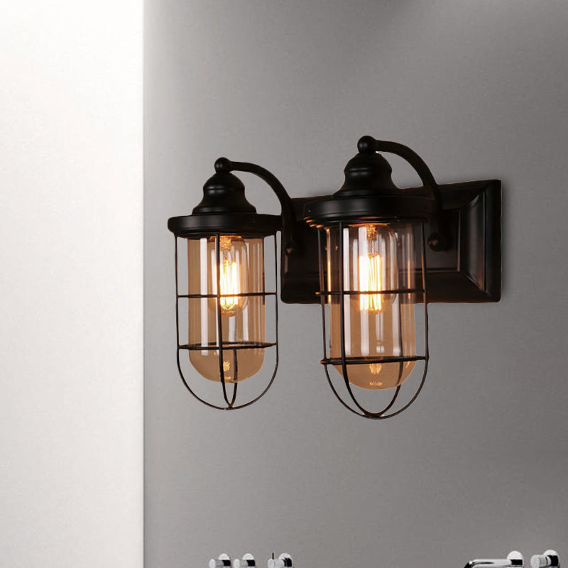 Industrial wire cage wall lighting 1/2-lamp clear glass wall lamp in black for stairs.