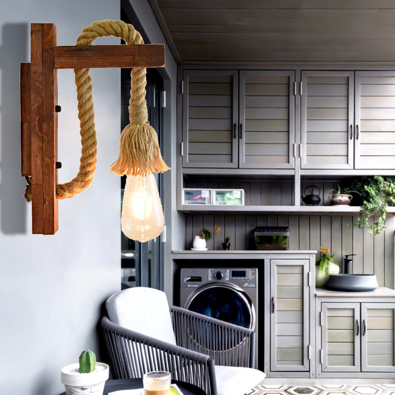 Rope Exposed Bulb Sconce Lighting Coastal 1 Light Living Room Wall Lamp in Red/Brown/Wood