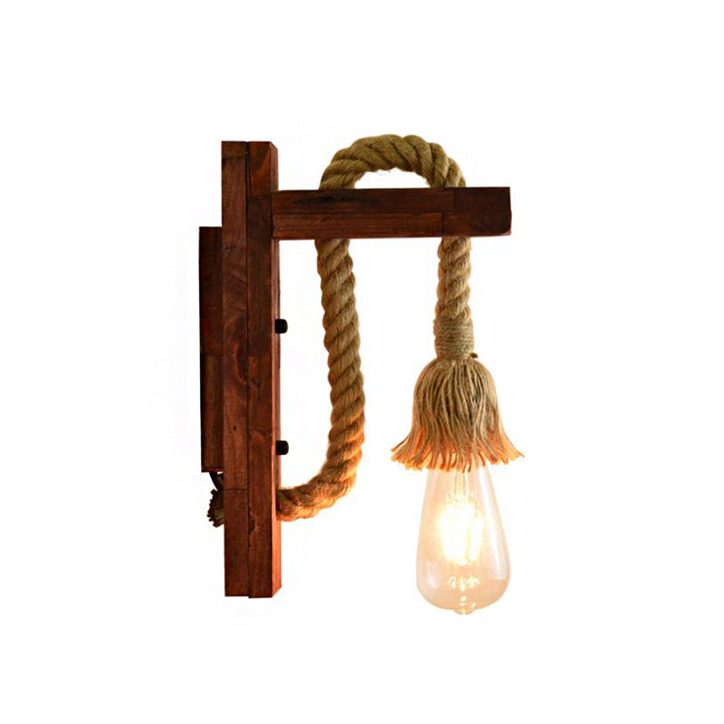 Rope Exposed Bulb Sconce Lighting Coastal 1 Light Living Room Wall Lamp in Red/Brown/Wood