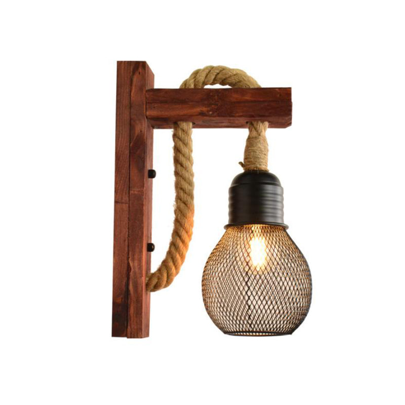 Rope Exposed Bulb Sconce Lighting Coastal 1 Light Living Room Wall Lamp in Red/Brown/Wood