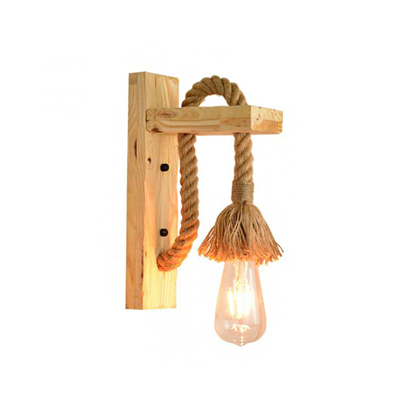 Rope Exposed Bulb Sconce Lighting Coastal 1 Light Living Room Wall Lamp in Red/Brown/Wood