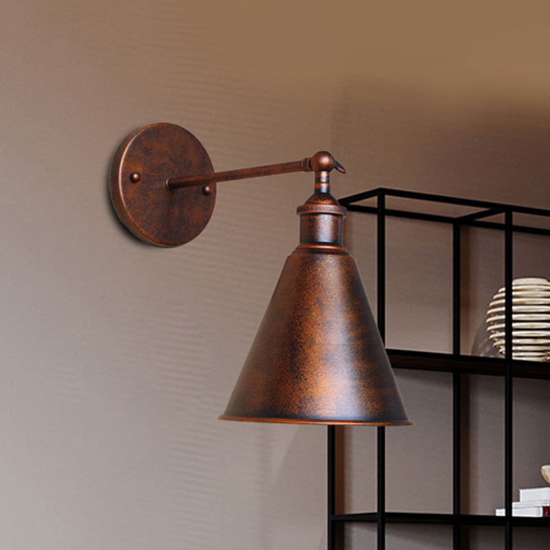 Black/Rust 1 Head Wall Lamp Farmhouse Style Wrought Iron Conical Adjustable Wall Light Fixture for Outdoor