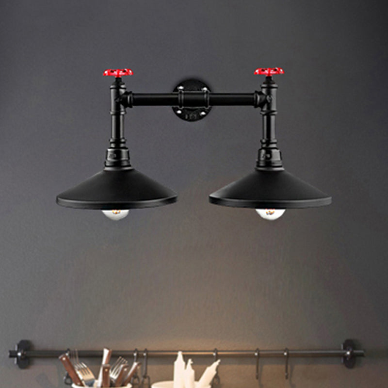 Industrial Cone Wall Lamp with Raw Valve 2 Heads Metal Wall Light in Black for Hallway