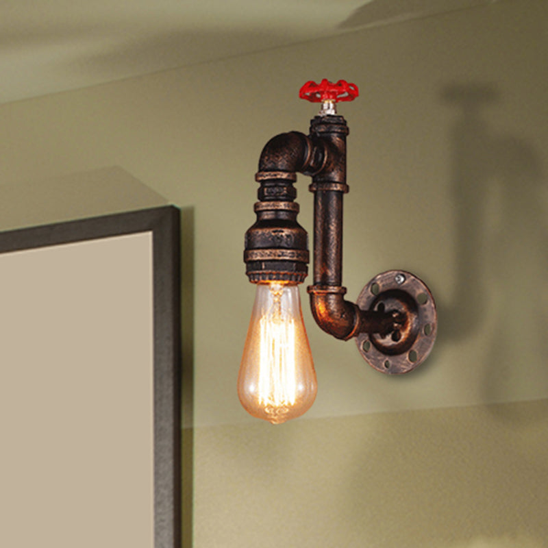 Rustic Style Pipe Wall Sconce with Valve Wheel 1 Bulb Wrought Iron Wall Mounted Light in Bronze