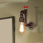 Rustic Style Pipe Wall Sconce with Valve Wheel 1 Bulb Wrought Iron Wall Mounted Light in Bronze