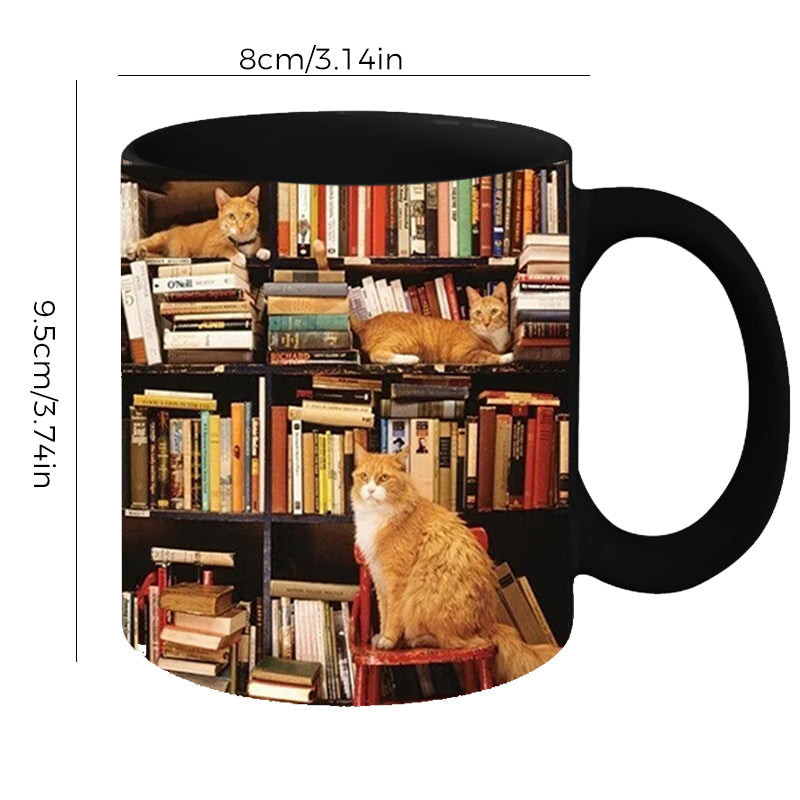 Bookshelf Ceramic Coffee Mug - Gift for Cat Book Lovers