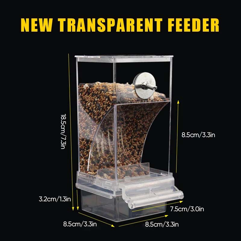 Automatic transparent bird feeder without spills