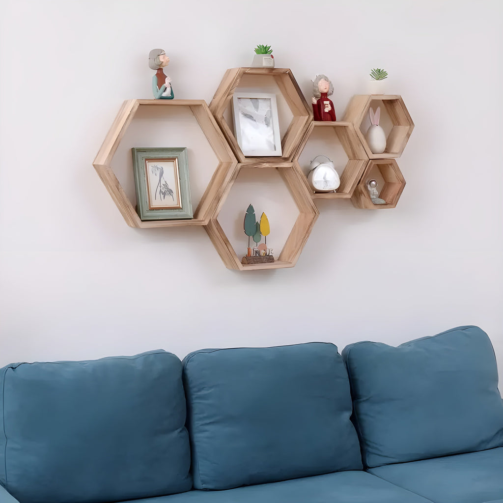 Wall shelf set HexaWood | 5-piece | Hexagon design | Rustic wood look