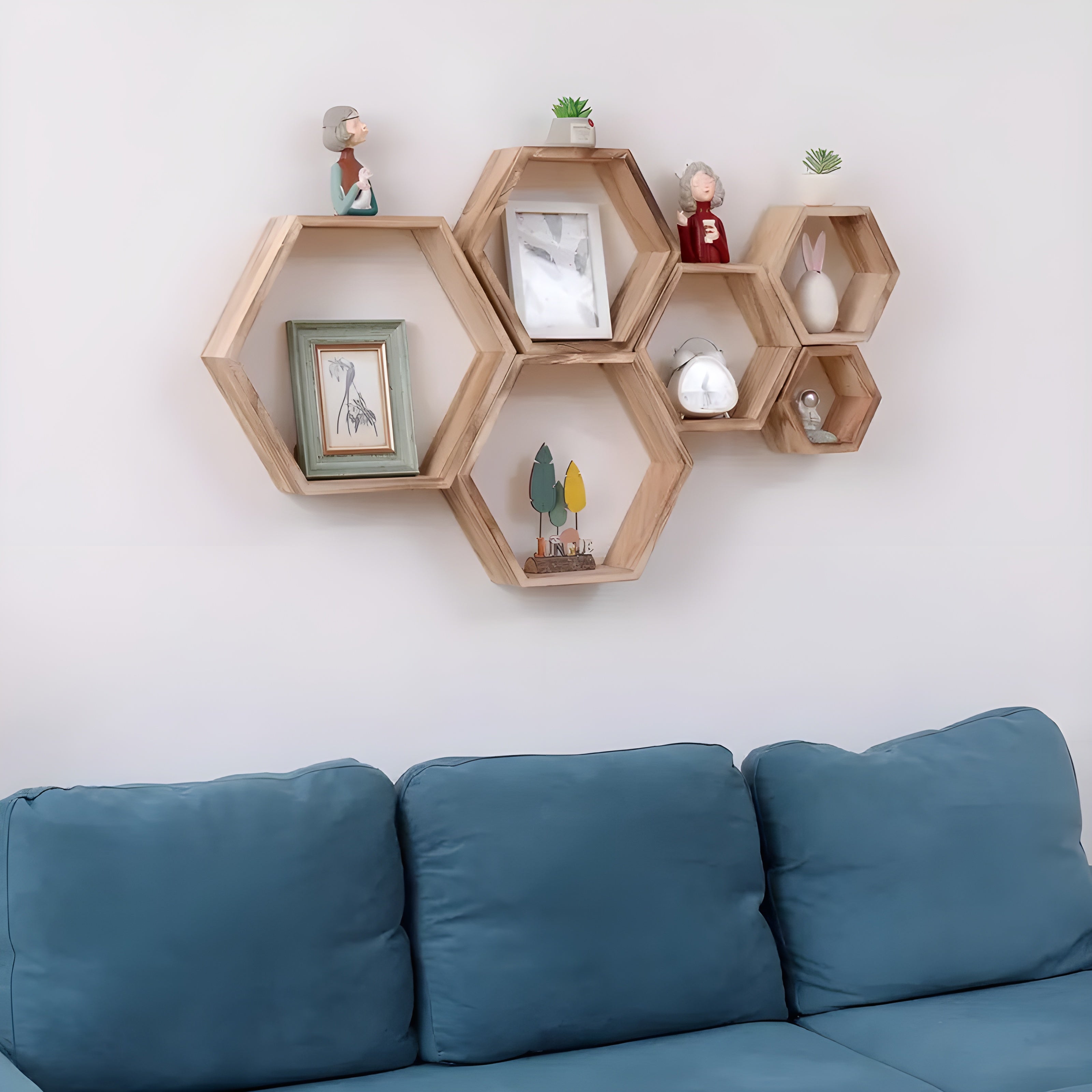 Wall shelf set HexaWood | 5-piece | Hexagon design | Rustic wood look