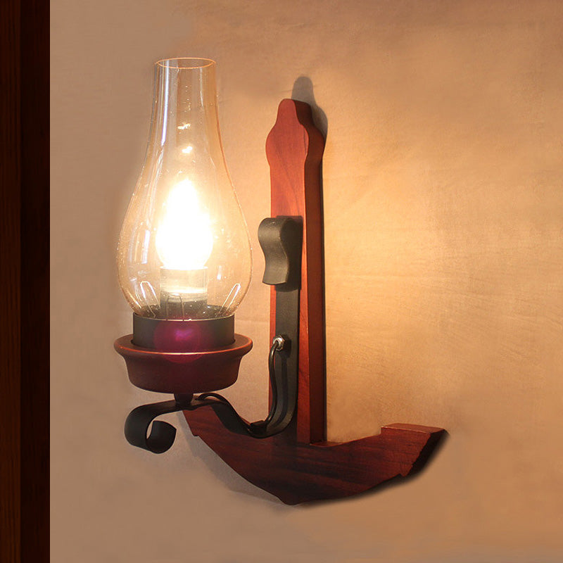 Vase Porch Wall Lamp Light Fixture Industrial Clear Glass Red Colored Wall Lamp with Wooden Back Plate