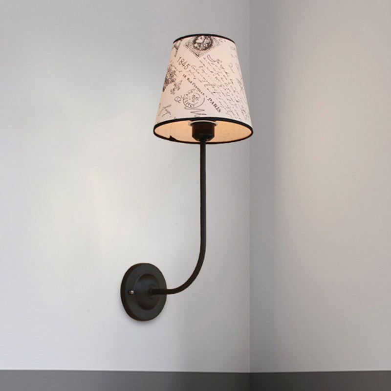 Vintage Conical Wall Lamp 1 Head Fabric and Metal Wall Mount Fixture with Curved Arm in White