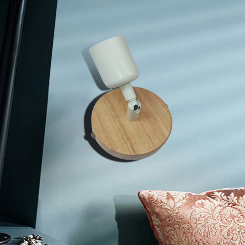 Simple Style Round Back Wall Light 1 Head Wood and Metal Wall Lamp in White for Nightstand