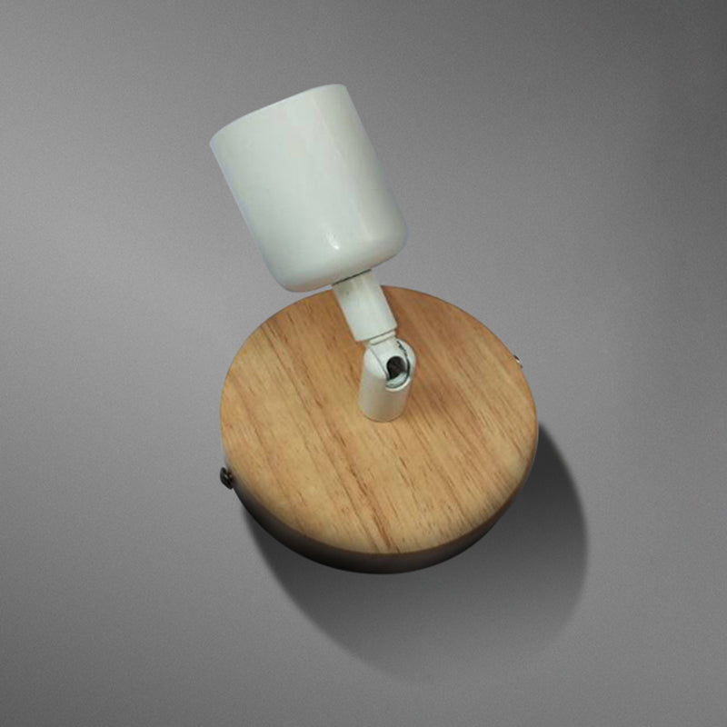 Simple Style Round Back Wall Light 1 Head Wood and Metal Wall Lamp in White for Nightstand