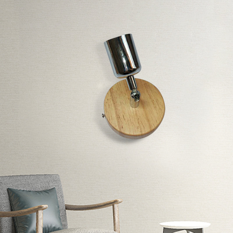 Head-shaped metal wall lamp Lodge 1 light living room wall-mounted fixture with round wooden backplate in silver/gold