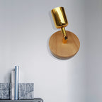 Head-shaped metal wall lamp Lodge 1 light living room wall-mounted fixture with round wooden backplate in silver/gold