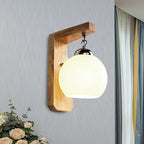 Modern Globe Pendant Light Opal Glass 1-Bulb White Wall Lamp with Wooden Base for the Bedroom