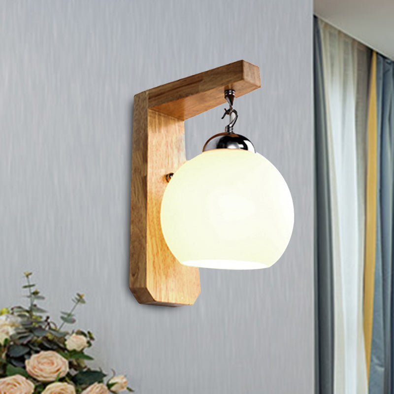 Modern Globe Pendant Light Opal Glass 1-Bulb White Wall Lamp with Wooden Base for the Bedroom