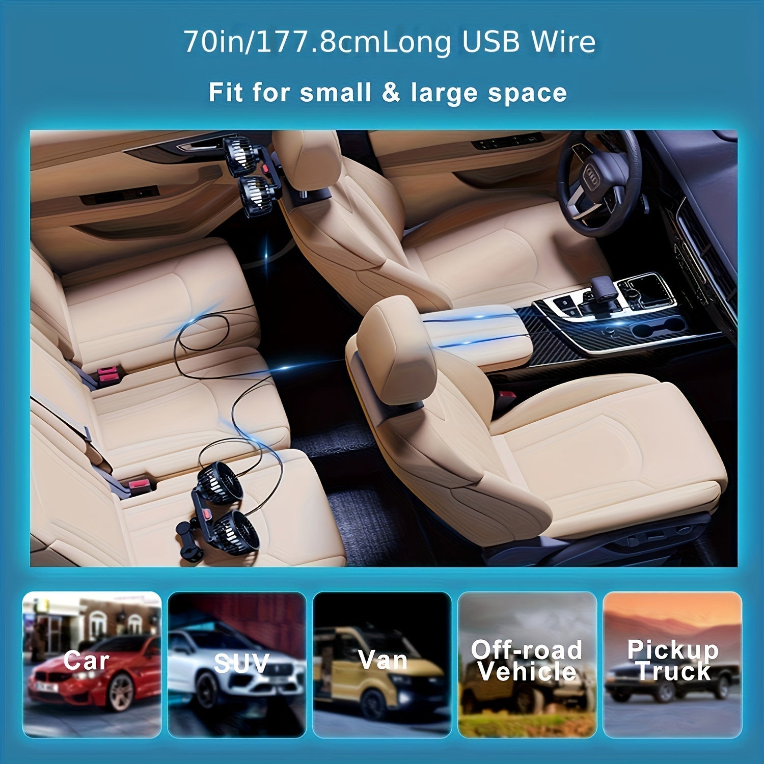 Double Fan AirTrek Duo | 360° rotatable | Ultra-quiet & Compact | USB Car Fan with 5 Blades