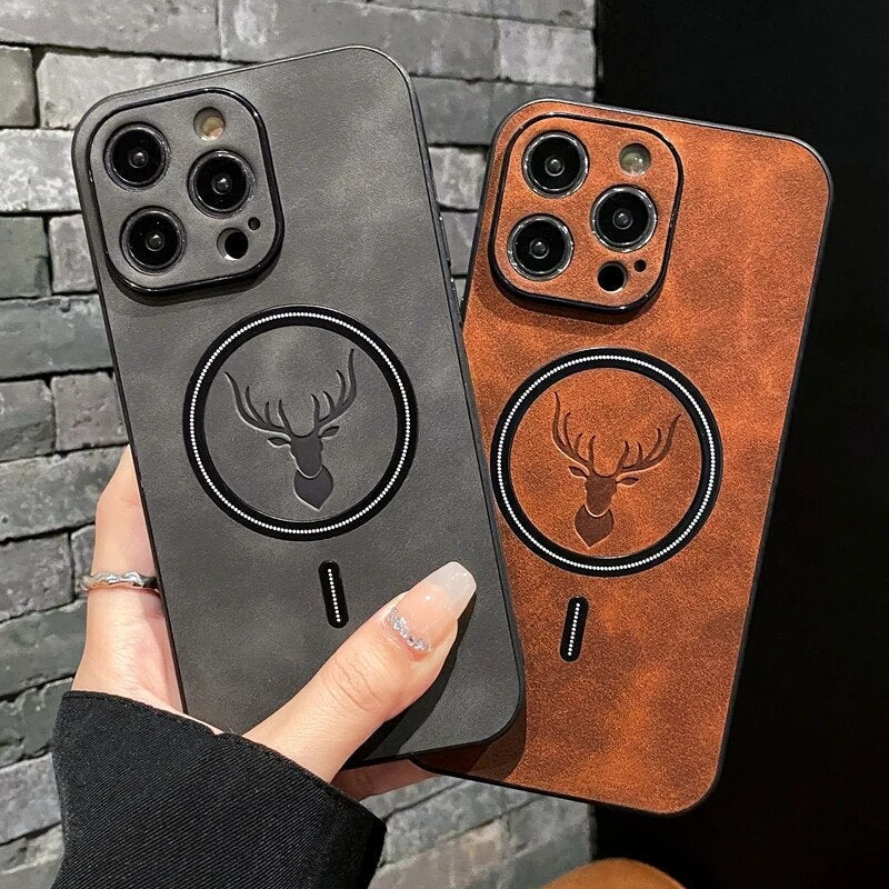 Luxury Deer Leather Apple iPhone Case | Magnetic Phone Case, Wireless Case, MagSafe, Wireless Charging, Protective Case, Cover for iPhone 15, 14, 13 Pro Max Plus
