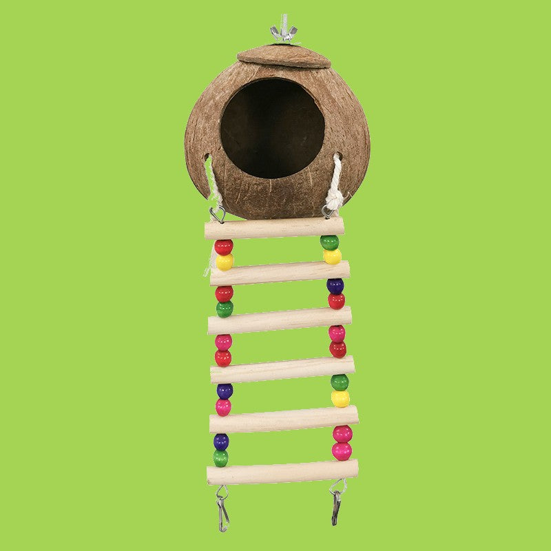 Coconut Shell Bird Nest with Wood Ladders, for Parrot, Budgies, Parakeet, Canary, Finch, Hamster, Rat