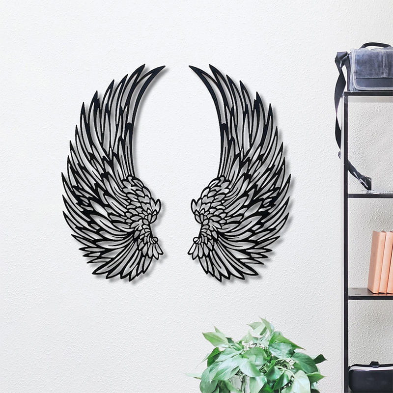 Metal wall art with angel wings and LED lights