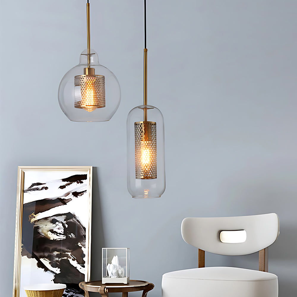 Vintage industrial pendant lamp with round glass and gold – LED pendant light for dining room and living room