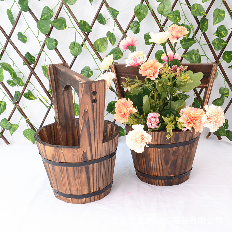 Wooden Bucket Planter in Barrel Design for Garden and Terrace – Decorative Flower Pots made of Wood