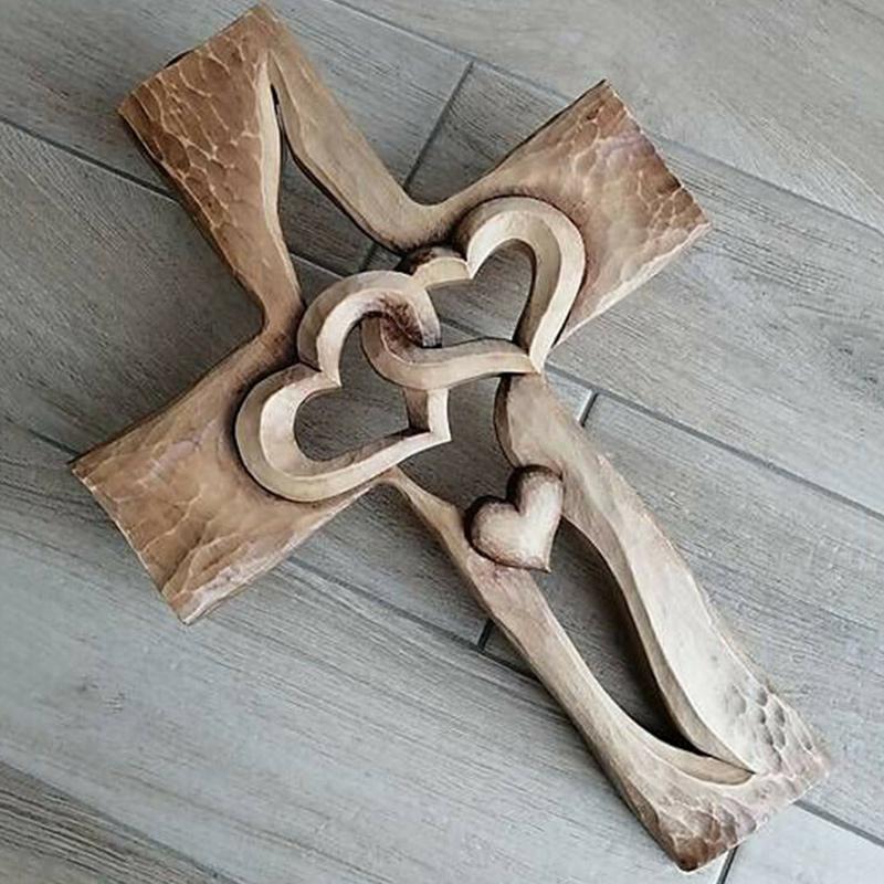 Hand-carved wooden cross - Intertwined hearts