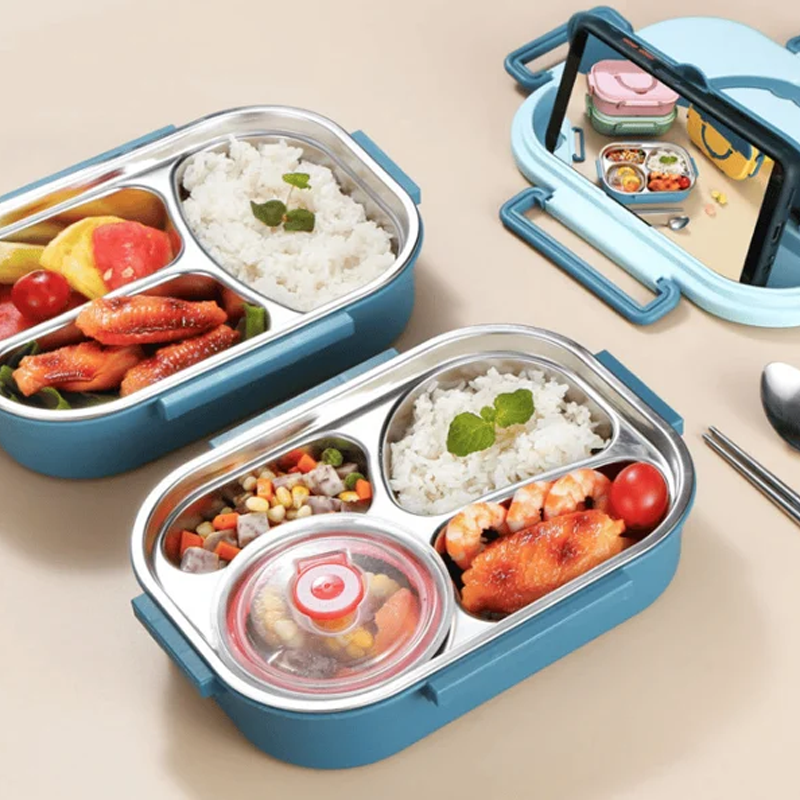 Thermo-Lunchbox made of stainless steel – inside made of stainless steel – 3 or 4 compartments with soup bowl – wall clock