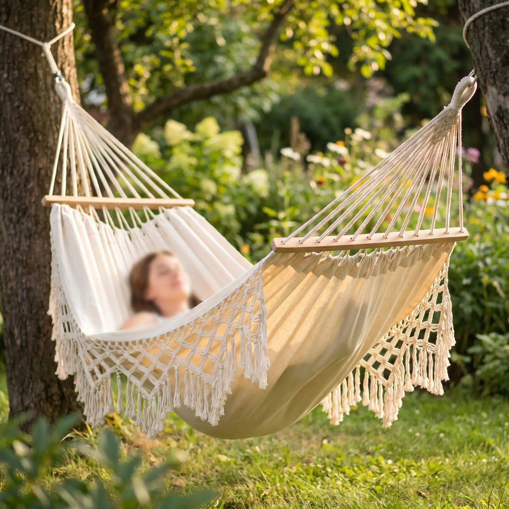 200x150cm Double Outdoor Camping Fringe Canvas Hammock with Pole (White)