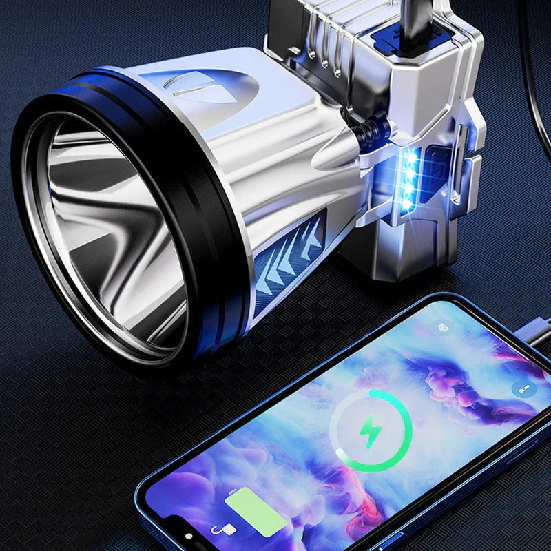 Wide-beam LED headlamp with power bank function and USB charging port