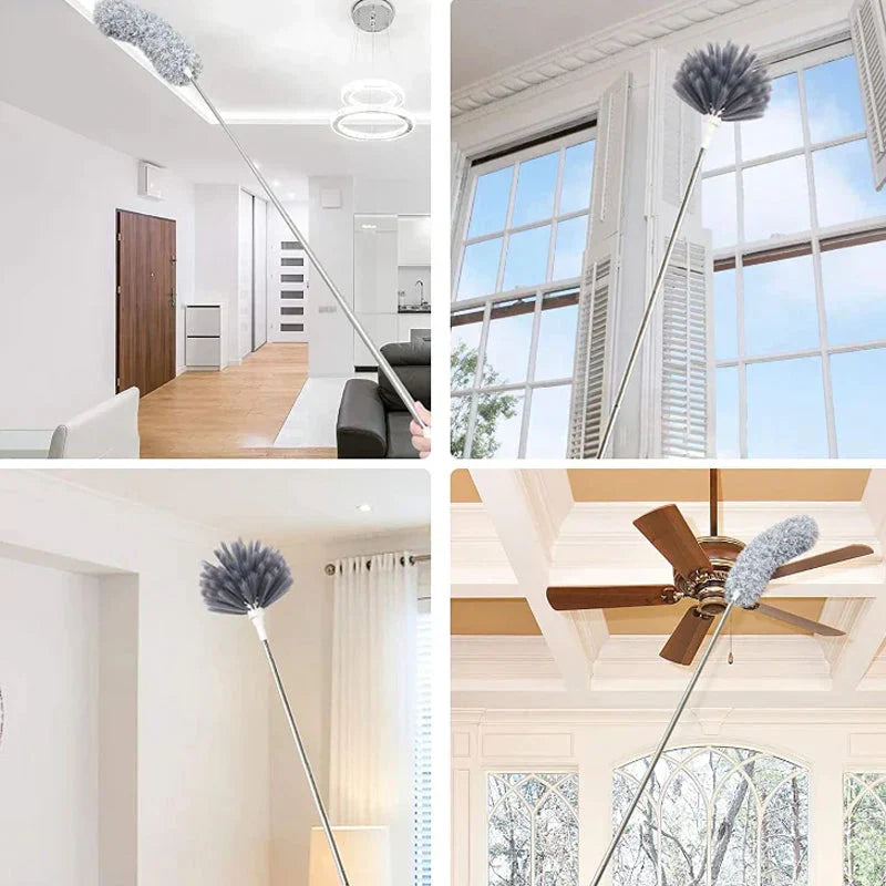 Retractable and washable, curved dust brush in microfiber