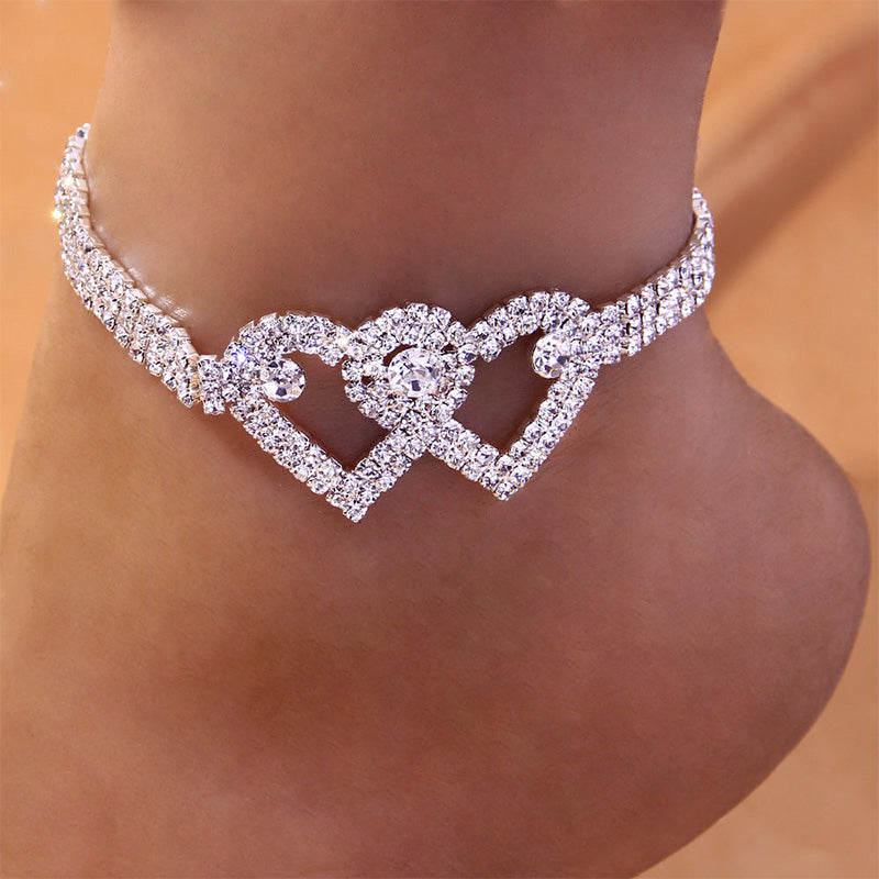 Double Love Heart Rhinestone Anklet