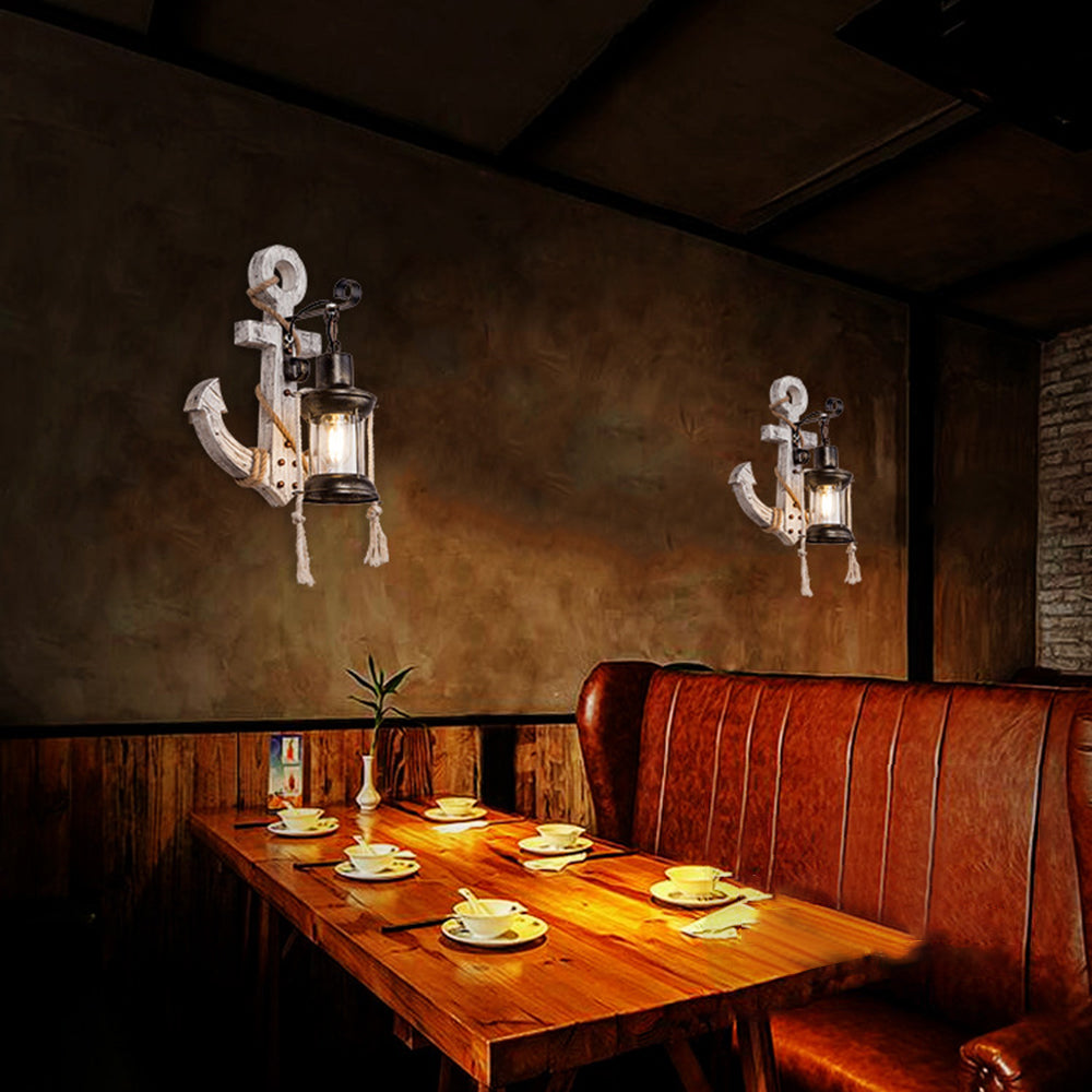 Rustic Wood Anchor Wall Lamp with Lantern