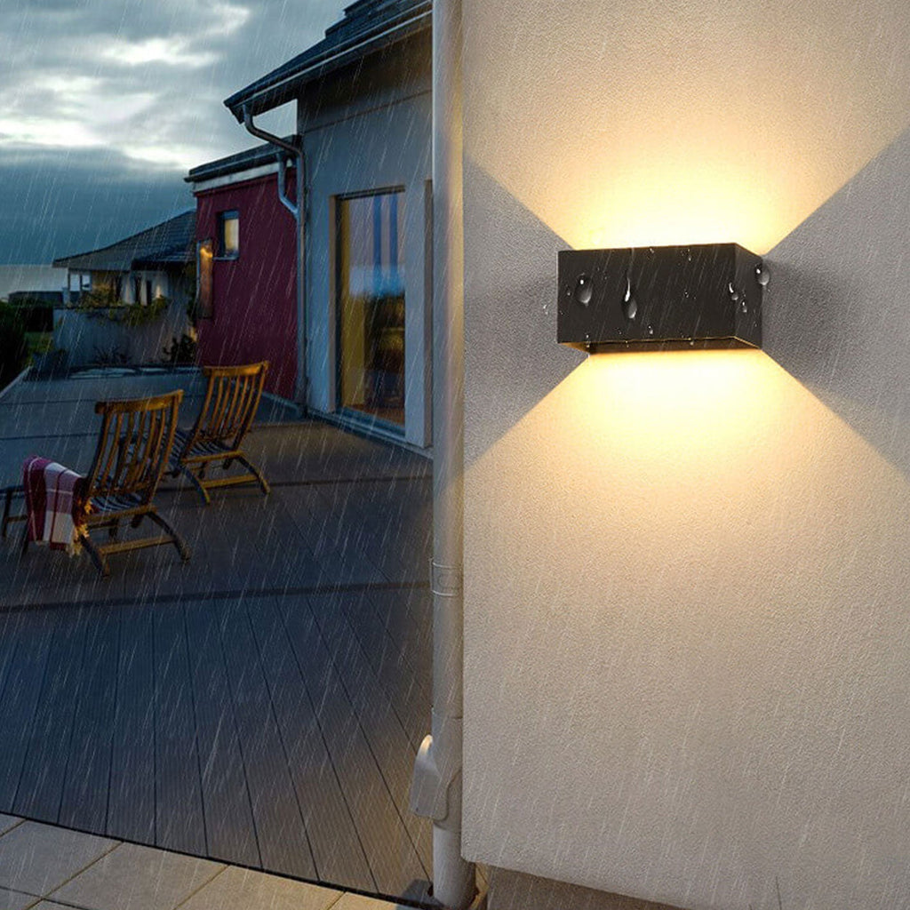 Modern waterproof rectangular LED wall light for outdoor use with up and down lighting