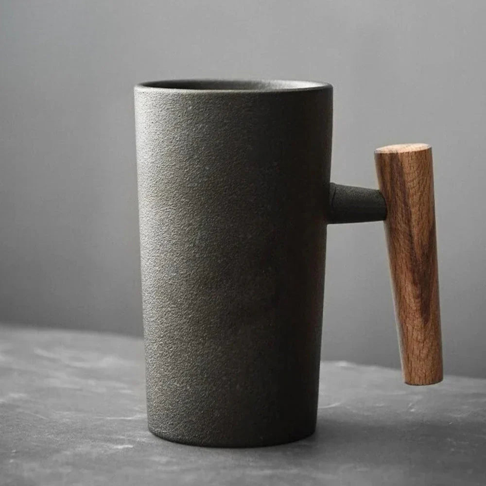 Nordic Design Mug – Minimalist Ceramic Mug with Wooden Handle
