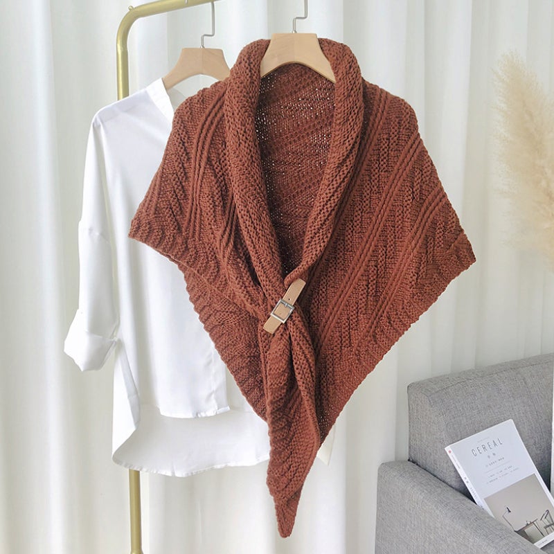 Triangular Knit Scarf with Leather Loop