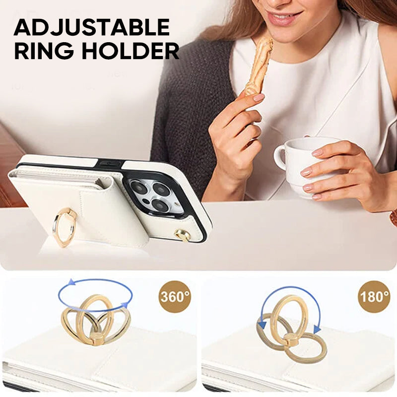 Leather Wallet Case with Ring & Lanyard for iPhone