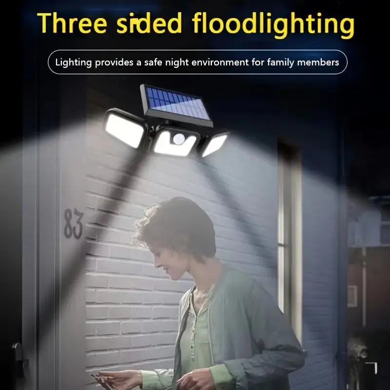 Solar LED floodlight with motion sensor – 3-beam outdoor lighting for garden, yard, and garage