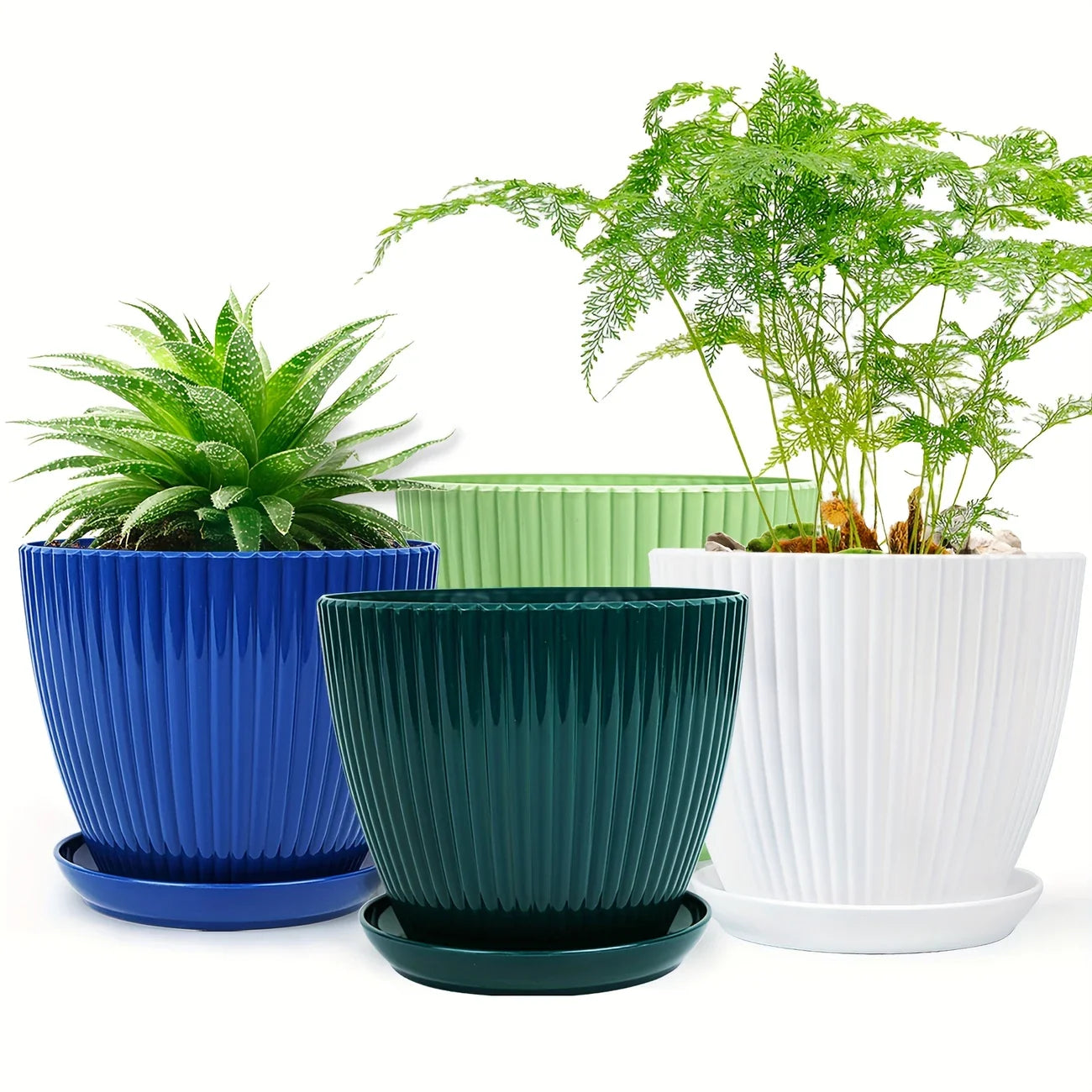 Flower pot with groove structure and saucer – Sturdy plastic pot for plants