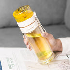 Double-walled glass bottle with tea strainer and infuser