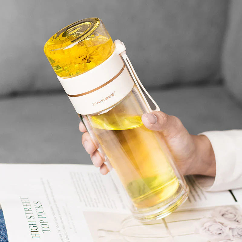 Double-walled glass bottle with tea strainer and infuser