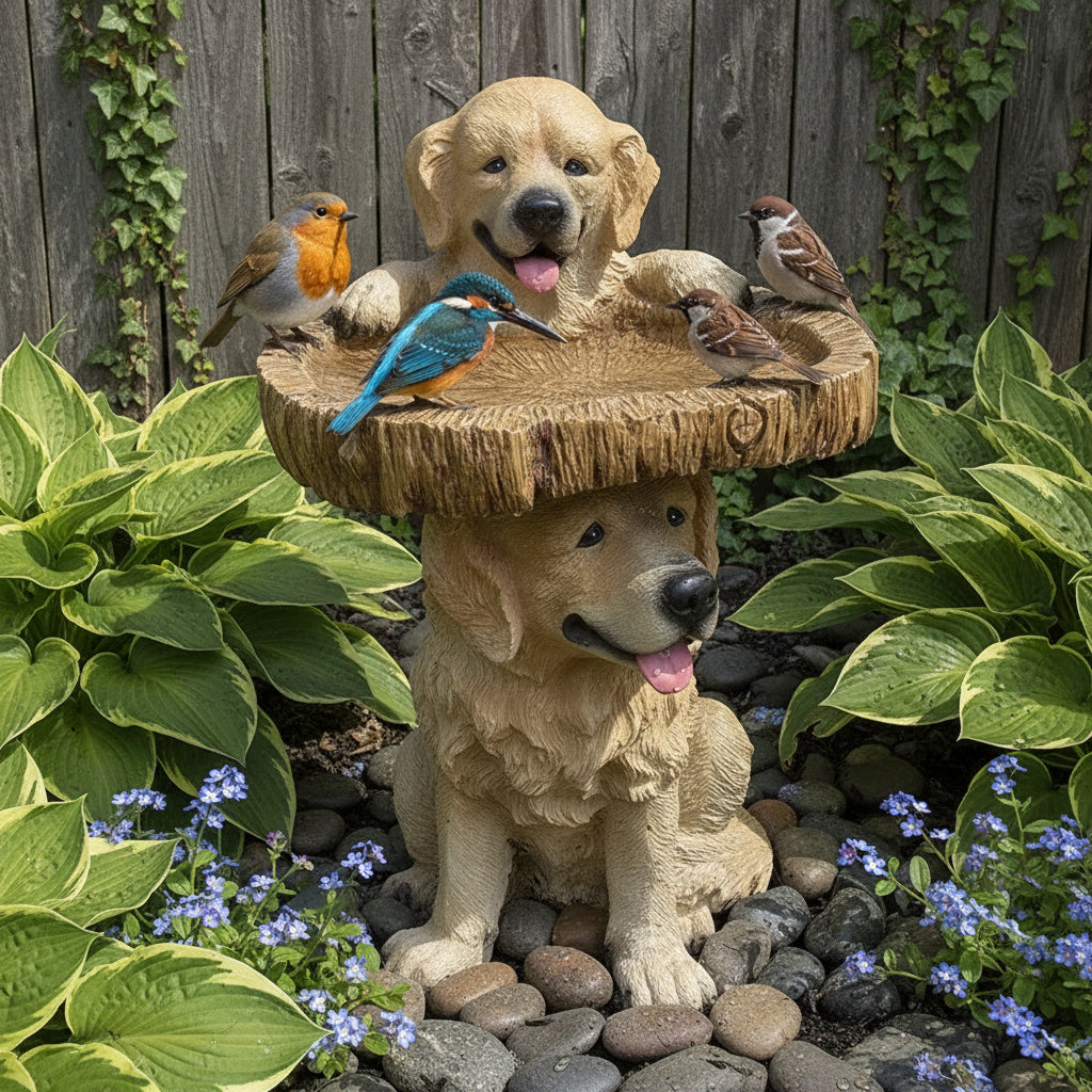 Golden Retriever Puppy Bird Bath Garden Statue