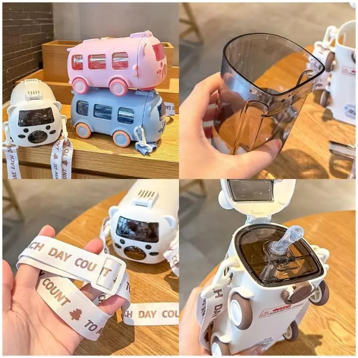 500 ml Drinking Bottle in Bus Shape – Leak-proof with Straw & Strap